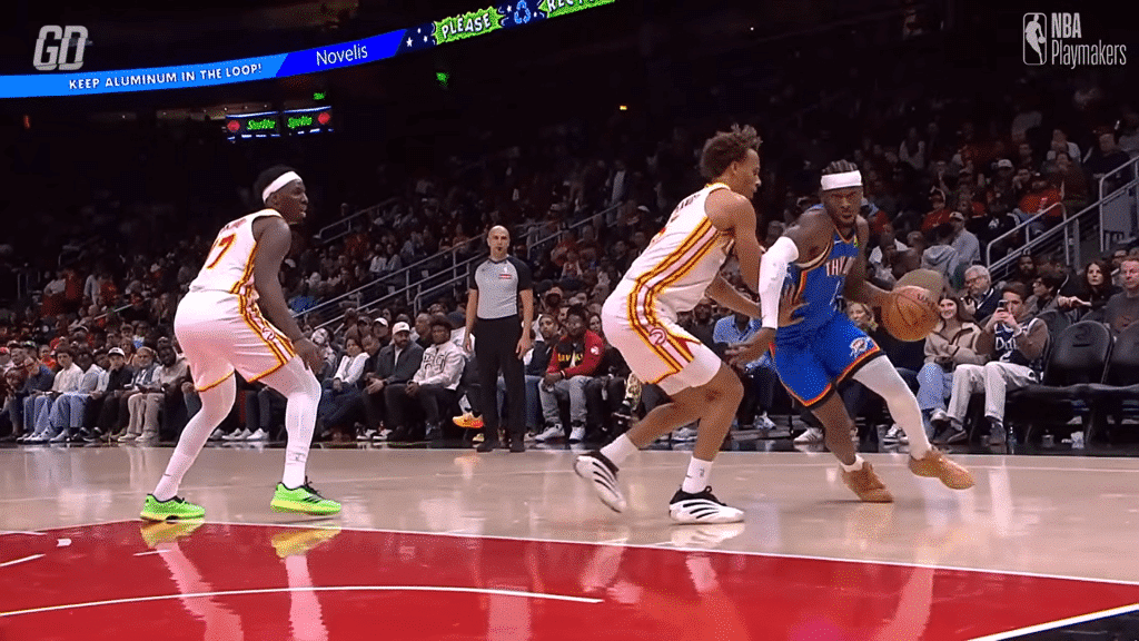 Shai Gilgeous-Alexander works from the post against the defense.