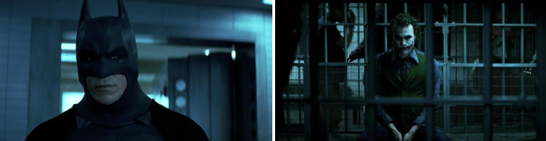 Two images. On the left is a screenshot of Batman looking dopey, and difficult to visually read. On the right is a screenshot of the Joker in a prison cell staring directly into the camera and projecting power and control over the scene.