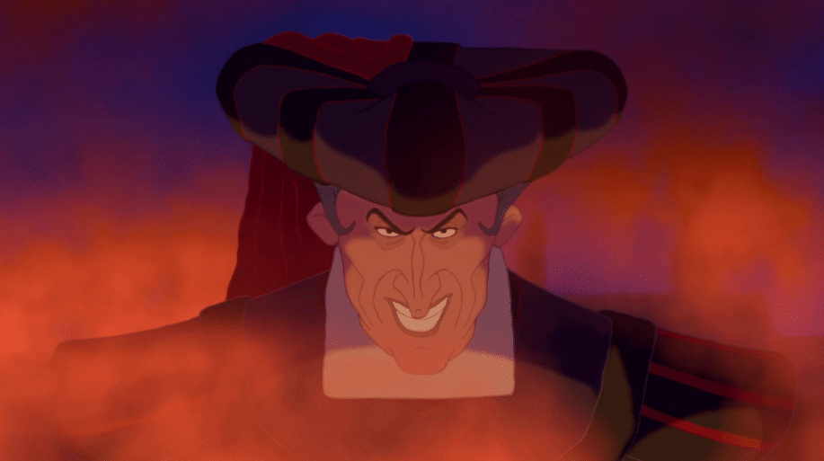 Image of Claude Frollo grinning menacingly at the audience amidst a smog of red and purple.
