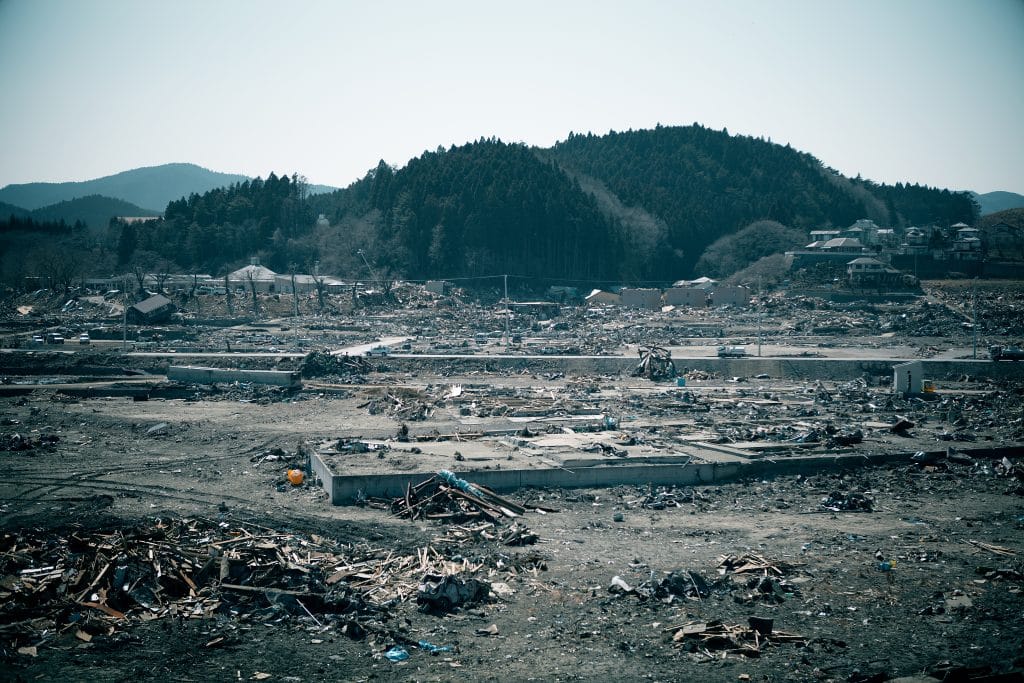 An area strewn with debris from the tohoku triple disaster in March 2011 in Japan