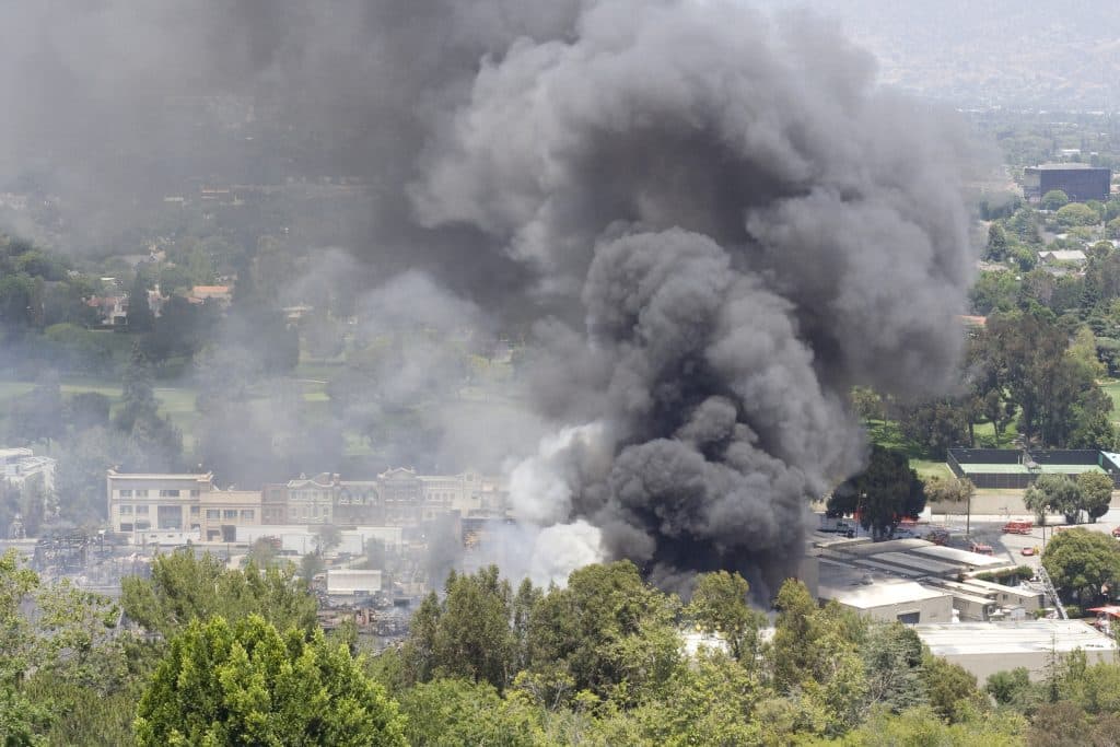 Smoke billows from a fire at Universal Studios