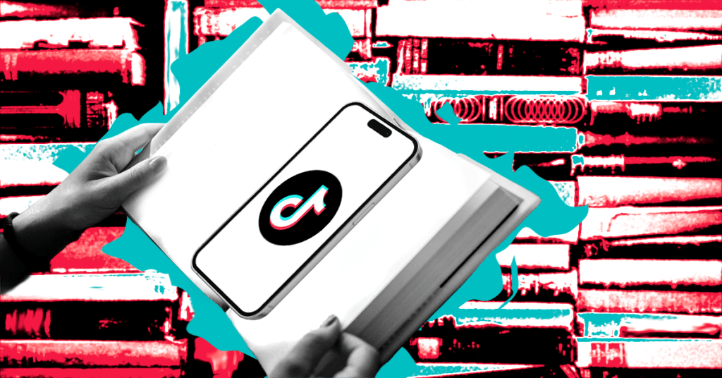 Hands holding an open book with a smartphone placed inside it displaying the TikTok logo, set against a colorful, stylized background of stacked books.