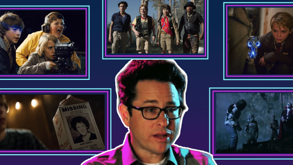 J.J. Abrams at center of 5 images representing the films discussed throughout this piece.