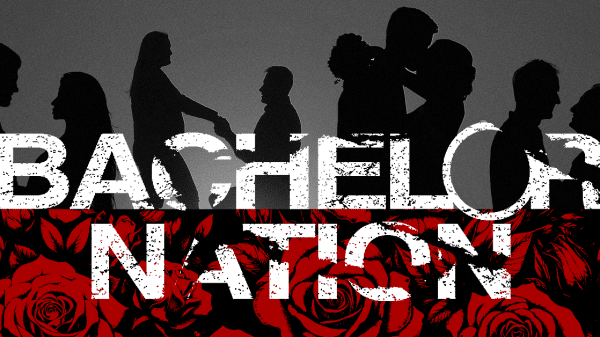 Bachelor Nation logo falling apart on top of roses. Silhouettes of couples peek through the logo.