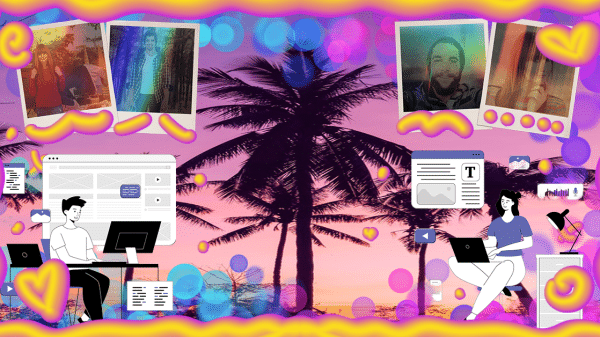 Palm trees against a sunset backdrop with Polaroid images in the style of 2016 editing