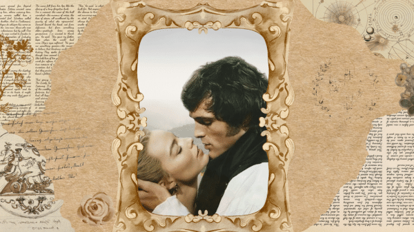 An image of Heathcliff and Cathy embracing each other positioned within a frame.