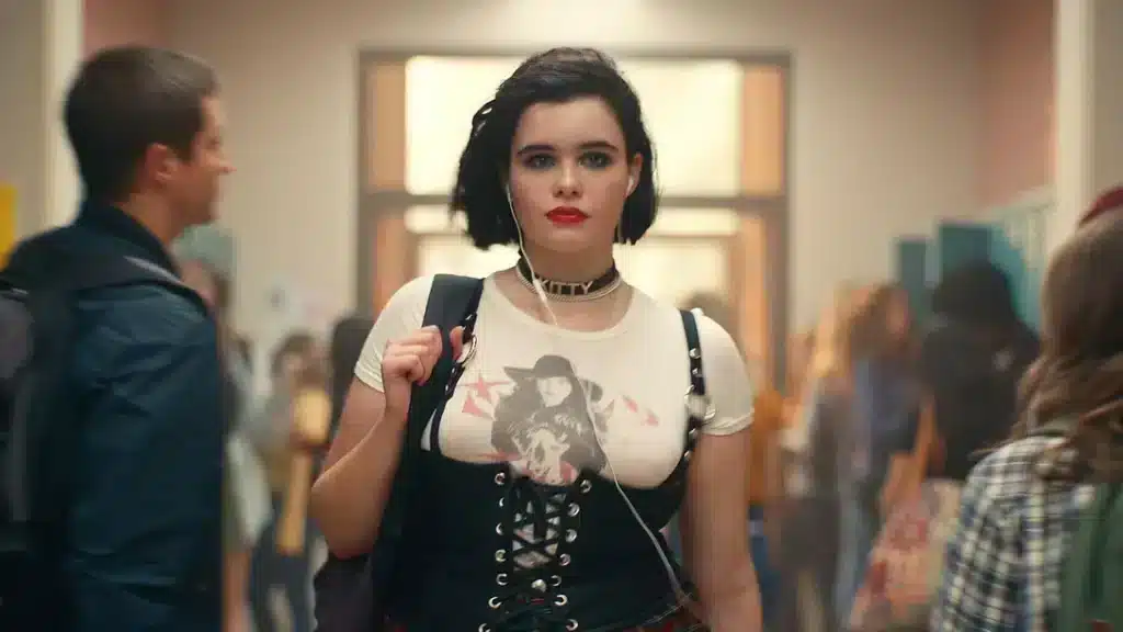 Kat Hernandez wearing a bright red lipstick and gothic clothing during season one of Euphoria after becoming more confident in herself.