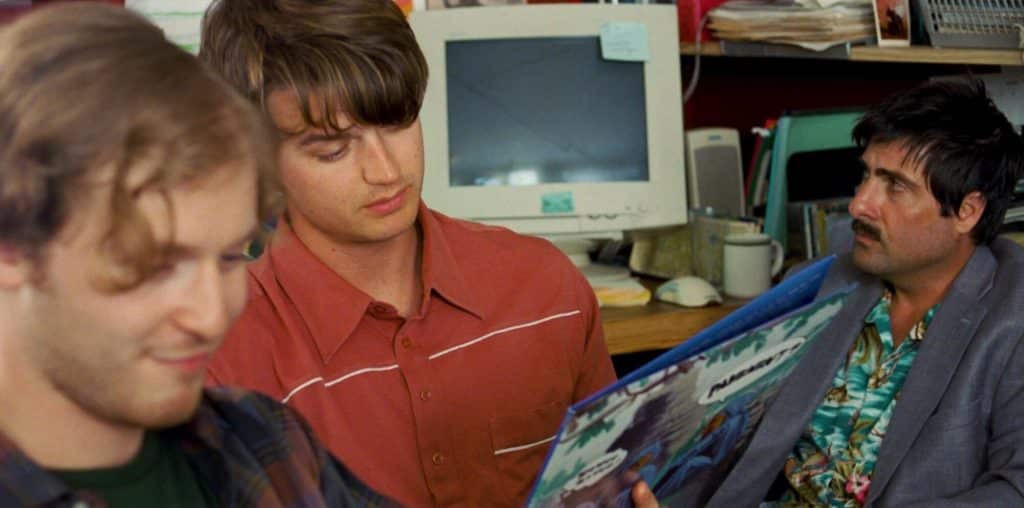 Fred Hechinger, Joe Keery, and Jason Schwartzman prepare for a fake Pavement biopic.(Image: Utopia).