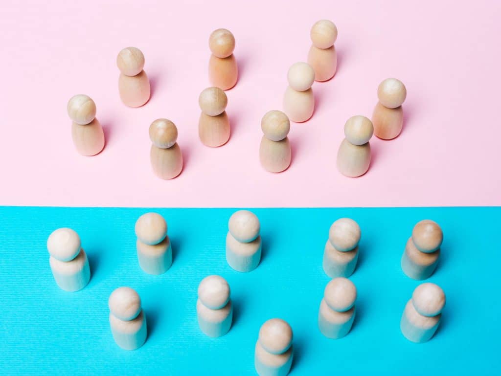Wooden figures standing on blue and pink sides of a room.