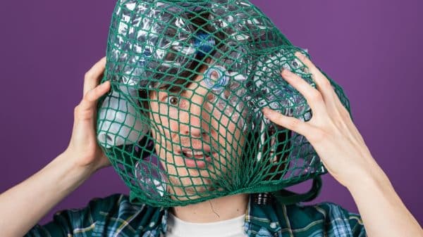 Man is struggling to get a green plastic carrying bag full of empty plastic bottles off his head