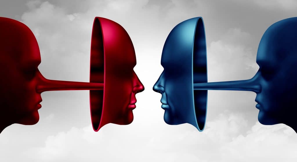 Illustration of blue and red faces with masks