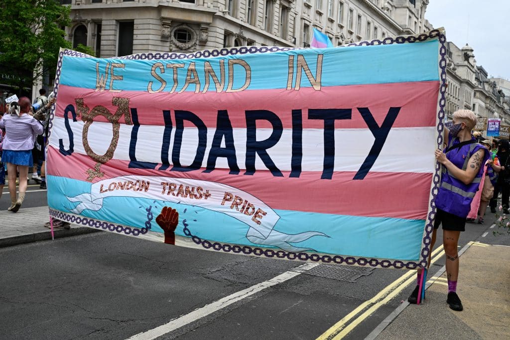 Transgender solidarity banner at London parade and protest in 2025 for trans rights