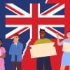 An image with the Union Jack in the middle with blue and red either side representing The Conservatives and Labour Party, showing young voters from then and now