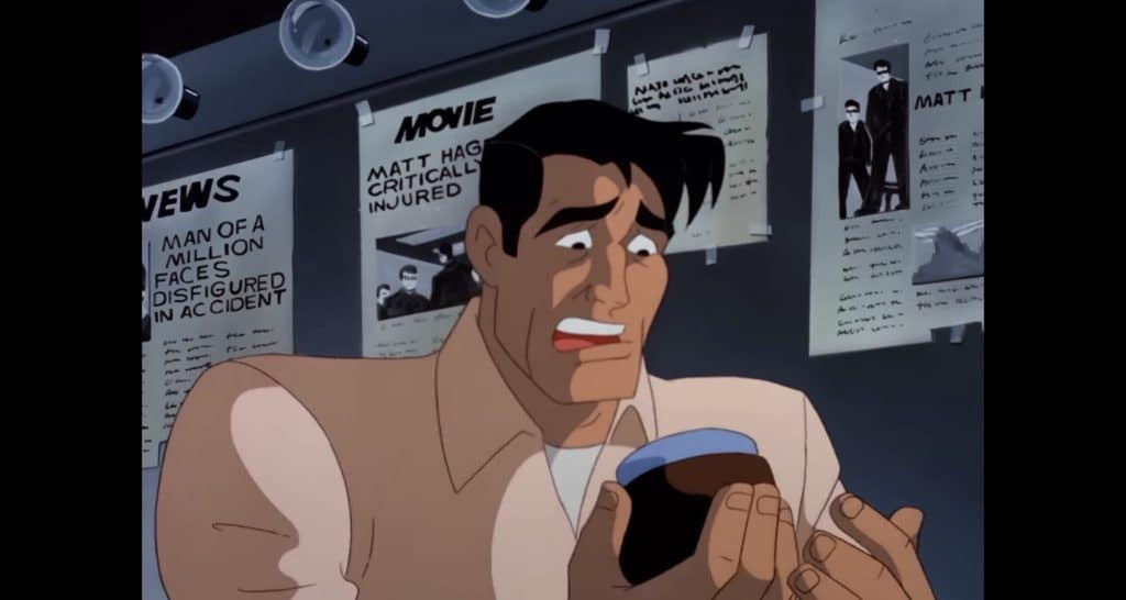 Animated Matt Hagan (Clayface) holding a jar of an unknown substance and surrounded by posters that reference the injury that led to his facial disfigurement.