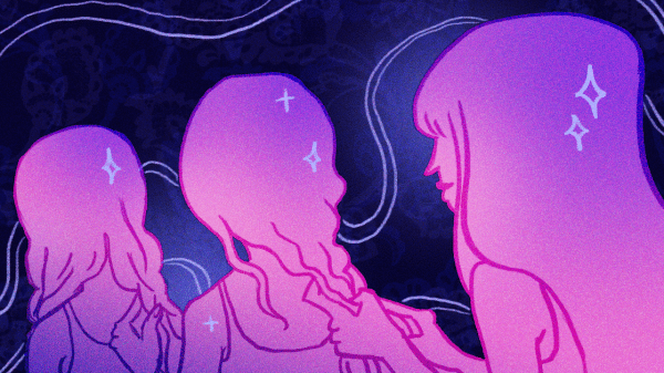 three faceless girls. two of them are looking at each other and one has their back turned