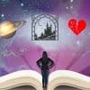 A person standing on a book with different icons above them.