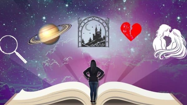 A person standing on a book with different icons above them.