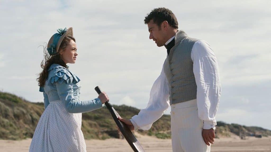 Charlotte Haywood and Sidney Parker staring at each other intensely in Sanditon.