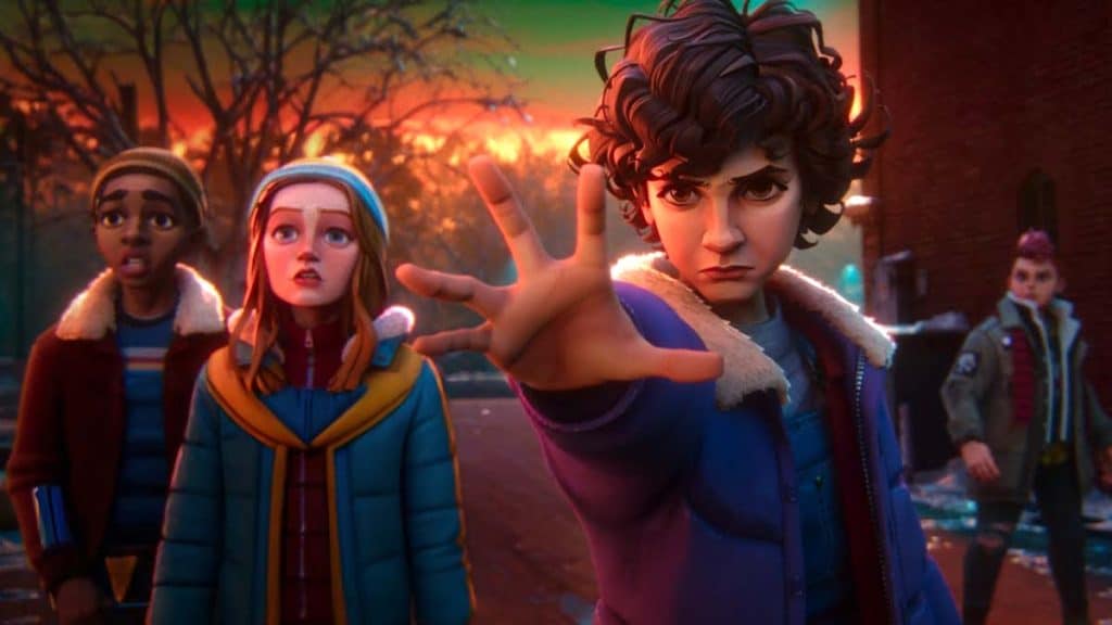 Animated Lucas, Max, Eleven, and Nikki from Stranger Things: Tales From '85.