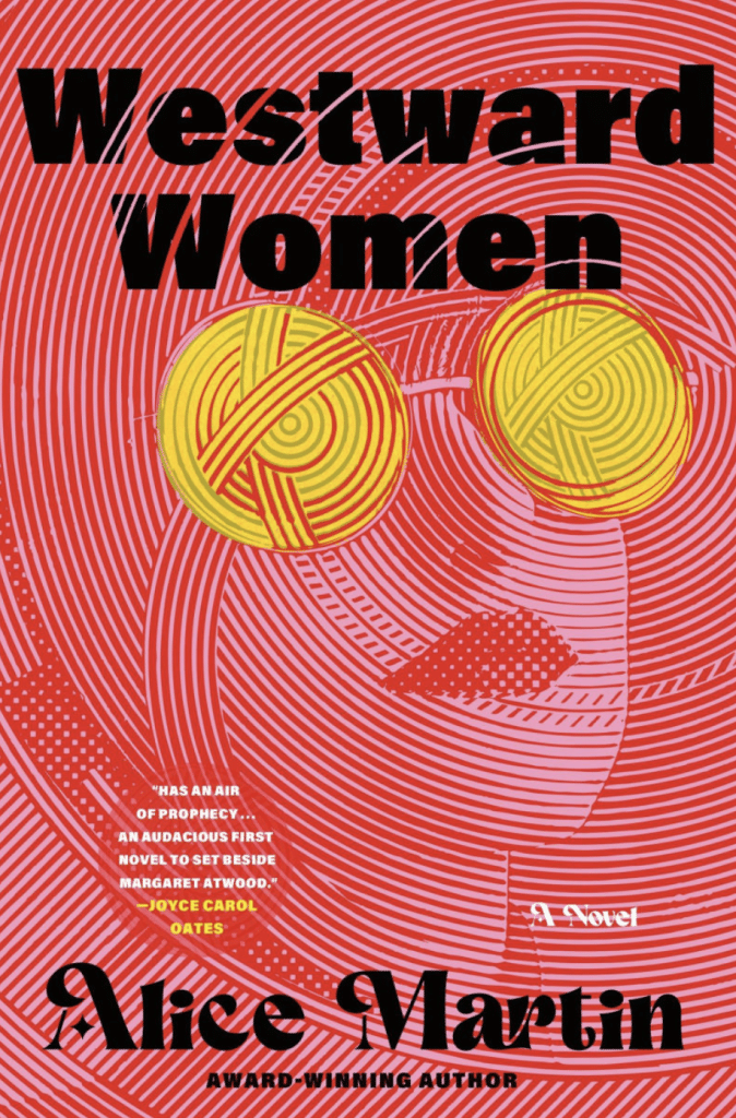 A red and pink book cover with a woman's face and yellow circles over the eyes.