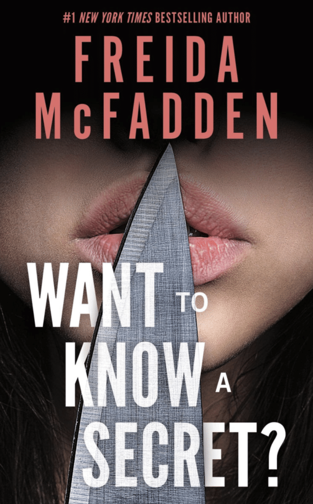 A book cover with a woman's face and lips covered by a knife.
