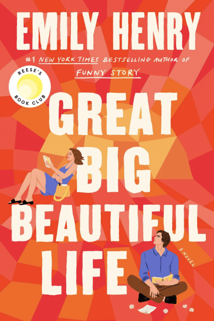 An orange book cover with a male character and female character, both reading books.