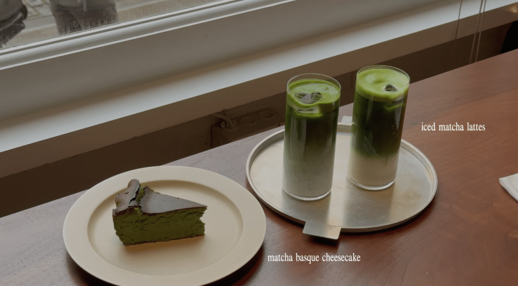 Matcha cheesecake and lattes