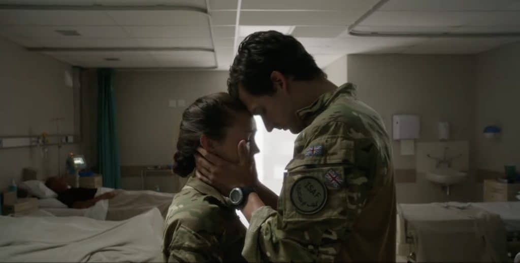 Molly Dawes and Captain James in emotional embrace in Our Girl.