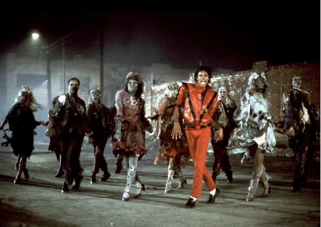 Michael Jackson in orange jumpsuit dancing for Thriller MV