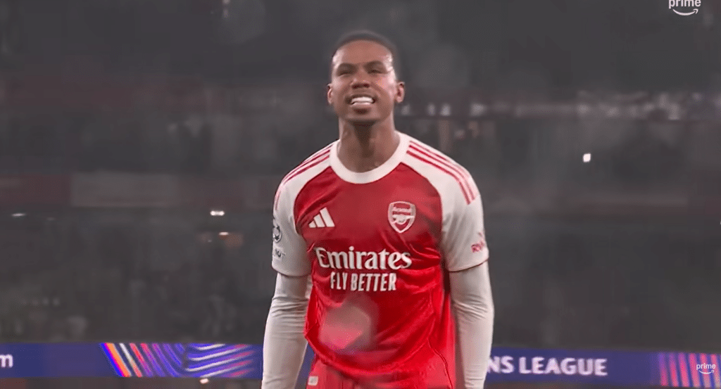Gabriel Magalhães celebrates as Arsenal reach the Champions League final.