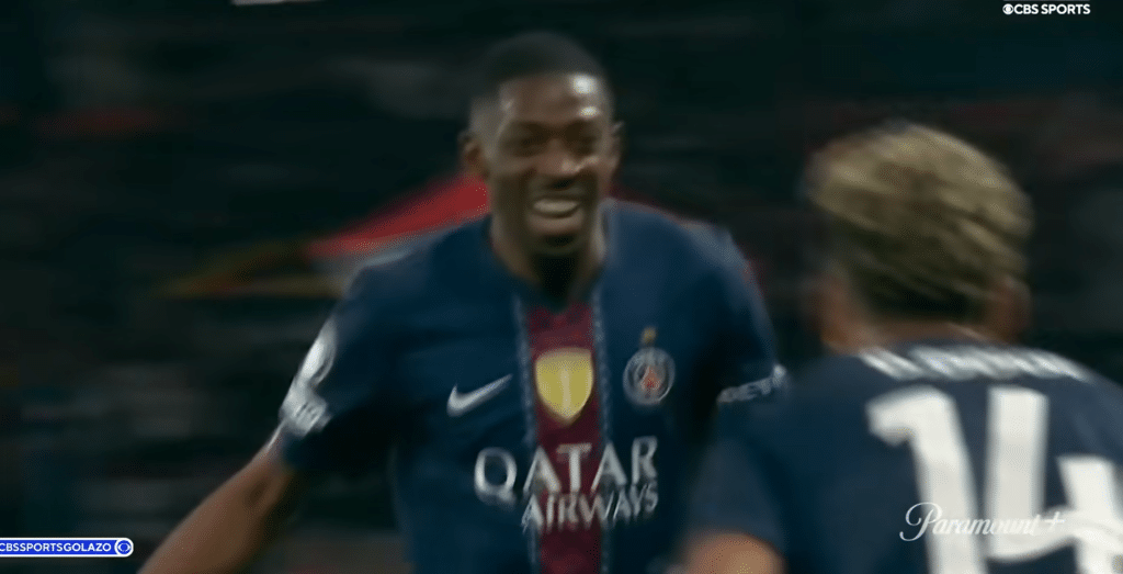 Ousmane Dembélé and Désiré Doué celebrate against Bayern Munich in the Champions League.