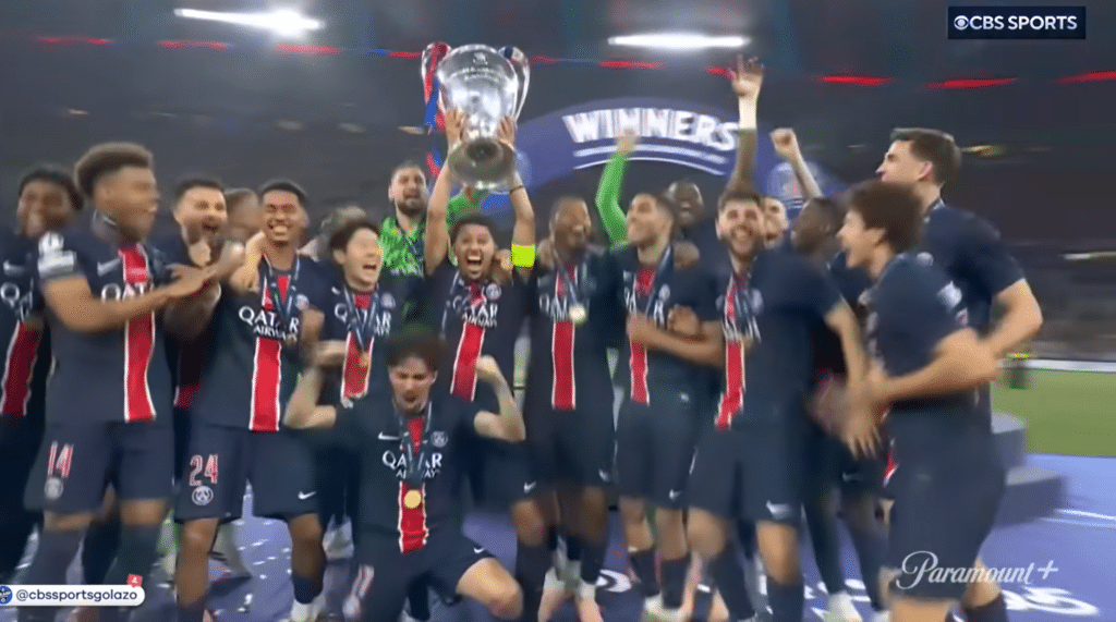 PSG celebrate winning the UEFA Champions League last season.