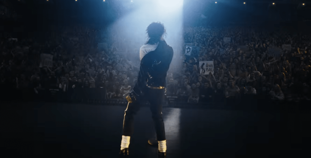Jafaar Jackson portraying Michael Jackson, performing on stage
