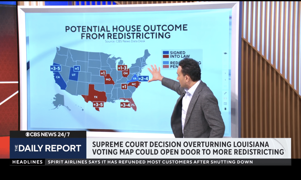 Anthony Salvanto points to a map of the United States with states highlighted to show potential redistricting outcomes.