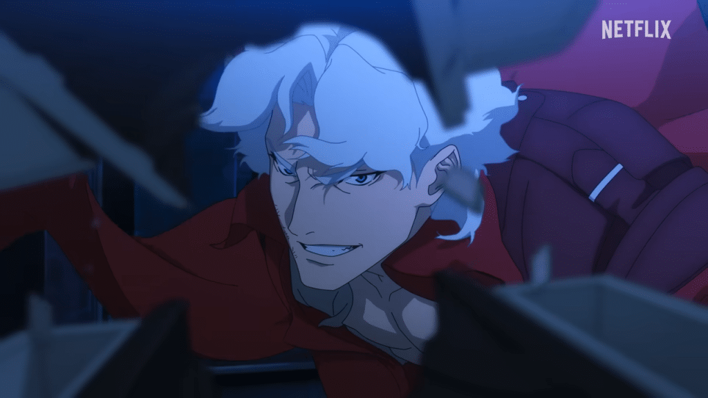 Dante slashing through guns and flashing a smile