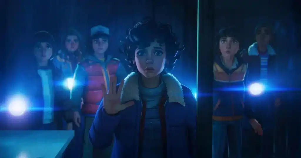 Animated Eleven, Dustin, Max, Will, Mike, and Lucas from Stranger Things: Tales From '85.