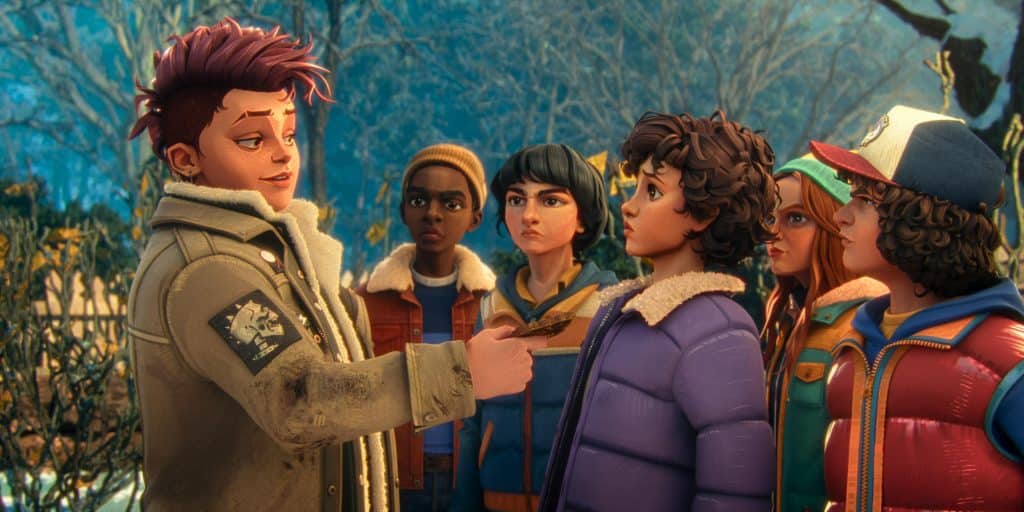 Animated Nikki Baxter, Lucas, Mike, El, Max, and Dustin from Stranger Things: Tales From '85.