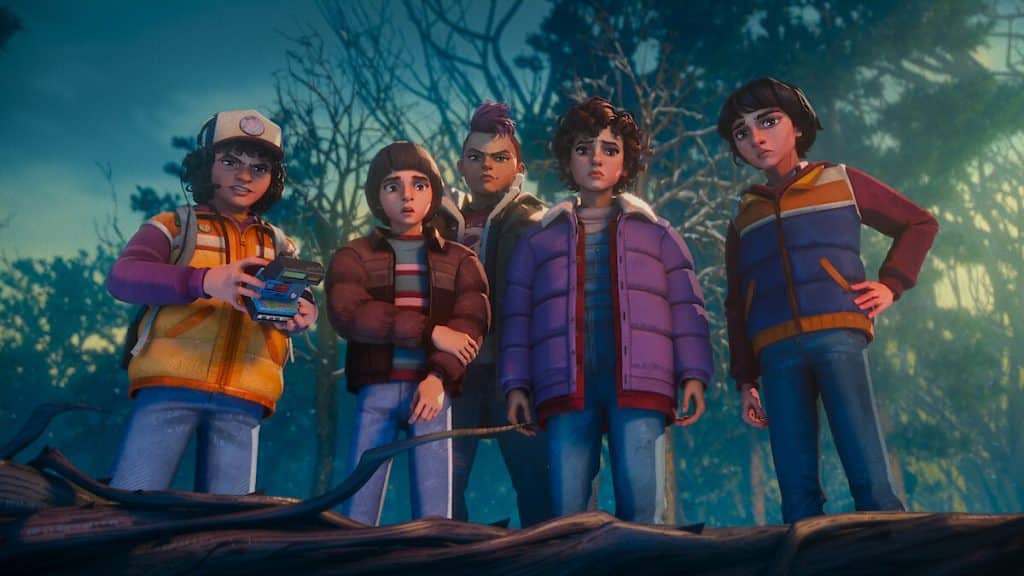 Animated Dustin, Will, Nikki, El, and Mike from Stranger Things: Tales From '85.