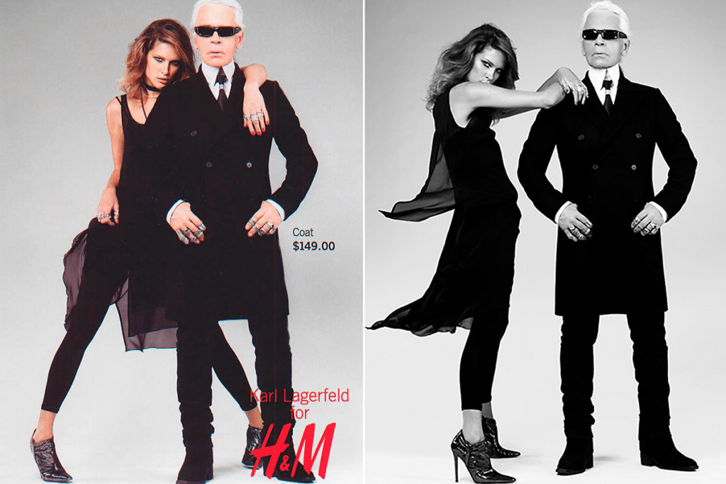 magazine spread of karl lagerfeld posing with a model for his collab with h&m