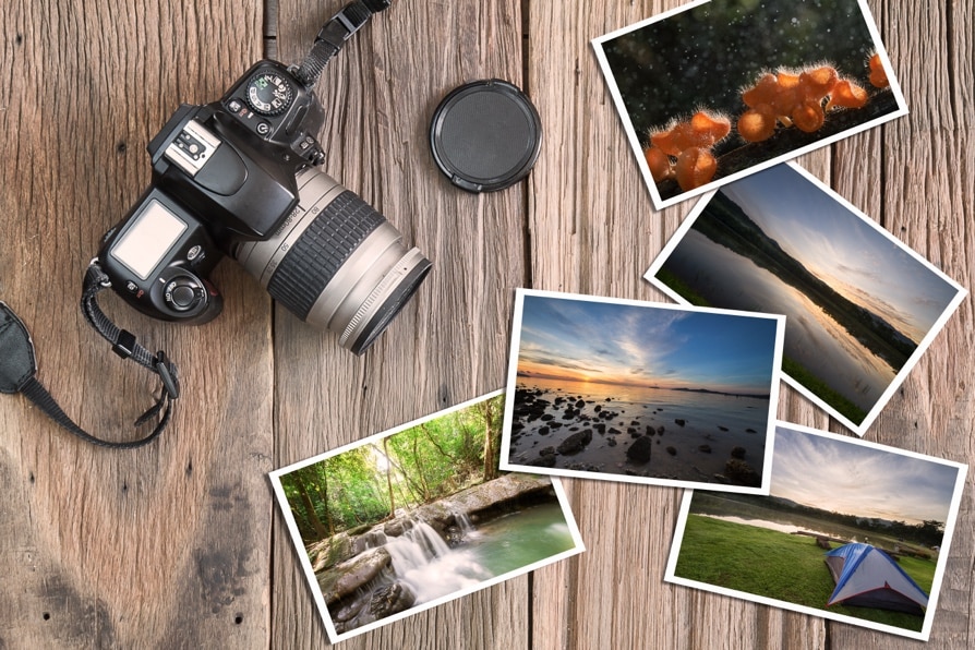A camera with several images of nature sitting on a desk