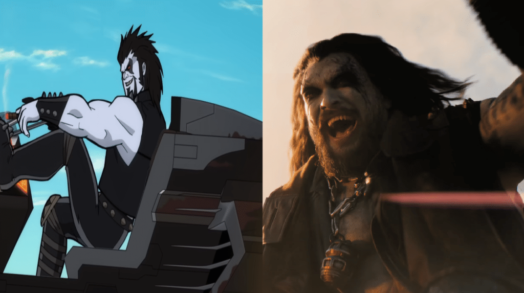 Image comparing the animated character, Lobo, and the live action Lobo (Jason Momoa)