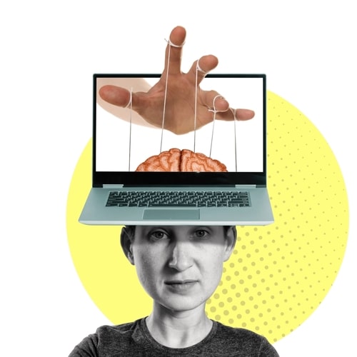 Art depicting a woman being manipulated by her computer.