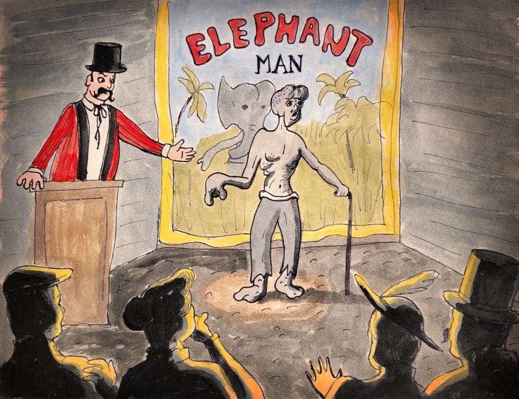 Illustration of a Victorian audience gawking at a "freak" labeled the "elephant man."