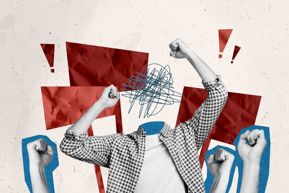 A man with his face scribbled out with his and other fists going toward the air with red and blue, signifying new people are stepping up to make change