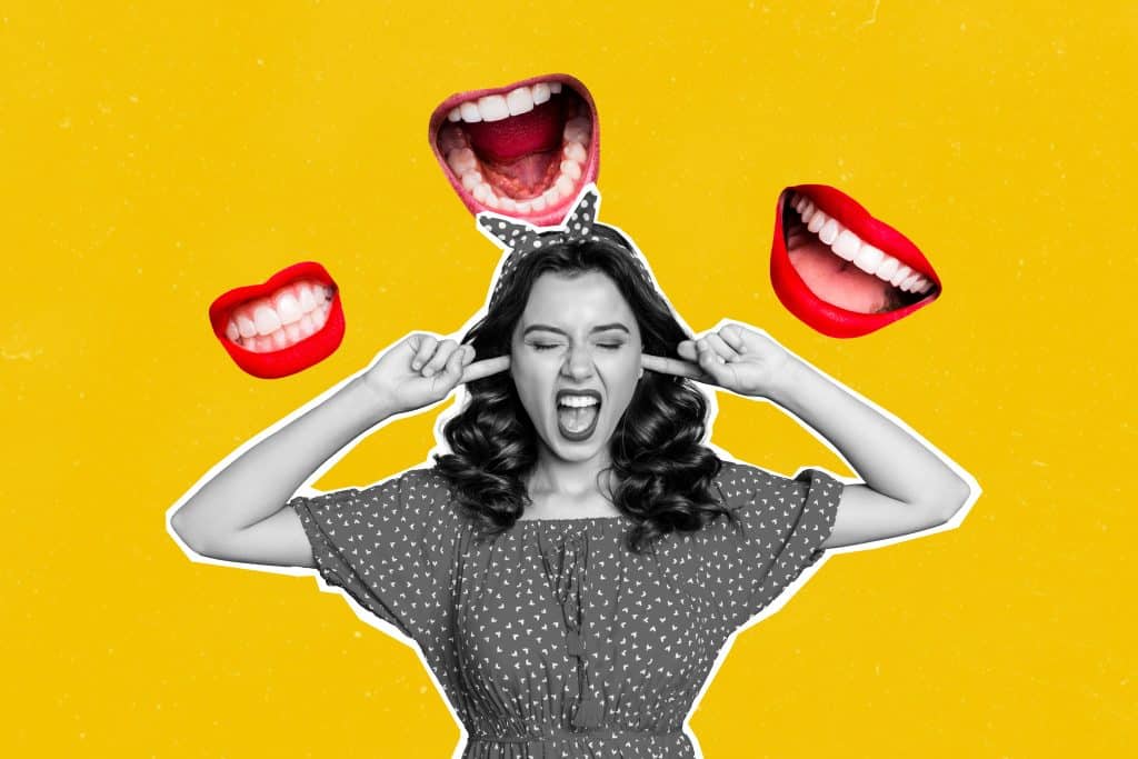 A collage-style image of a woman on a yellow background covering her ears while three mouths float around her.