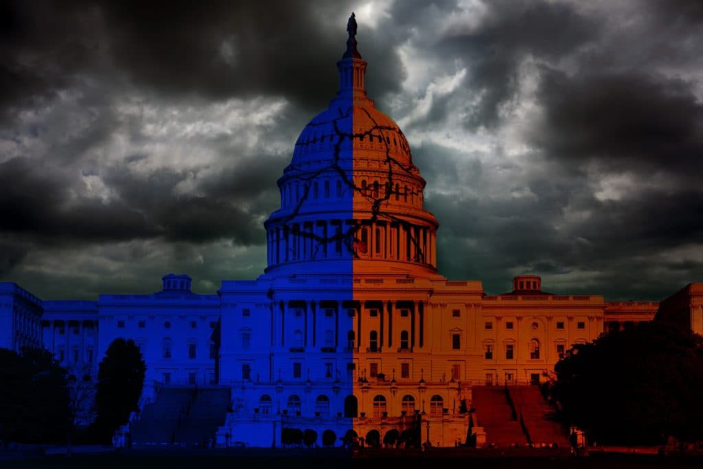 Picture of White House divided by by blue and red sides.