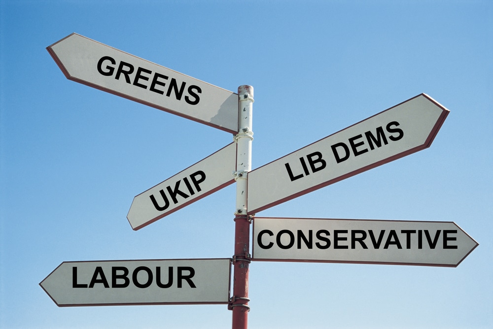 a post with multiple signs to turn different ways saying: Greens, Lib Dems, Conservative, Labour and UKIP. symbolising political parties go different ways