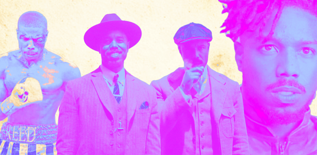 Images of Michael B. Jordan in Sinners, Creed, and Black Panther films overlaid with a purple hue