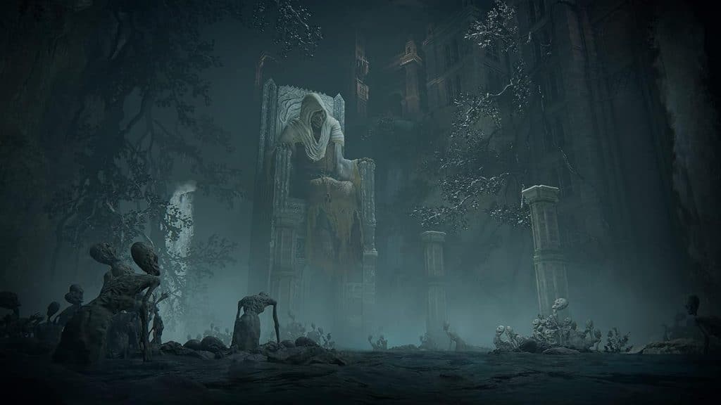 Screen Capture of a dark fantastical setting in the video game Elden Ring