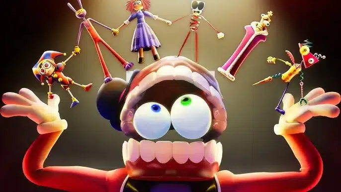 The cast of The Amazing Digital Circus: Pomni, Jax, Ragatha, Gangle, Kinger, and Zooble, with Caine holding them all in his hands.